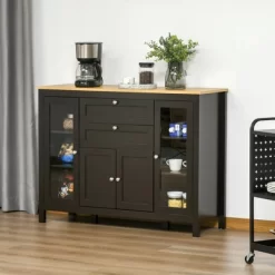 HOMCOM 47" Modern Buffet Cabinet, Storage Sideboard With Glass Door Cabinets, Drawers And Adjustable Shelving For Kitchen Or Living Room, Dark Brown