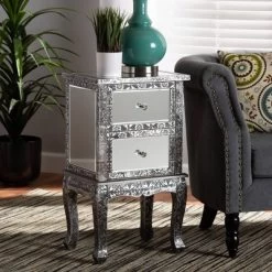 Wycliff Metal And Mirrored Glass 2 Drawer Nightstand Dark Gray/Silver - Baxton Studio