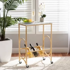 Jacek Metal Wine Cart With Marble Tabletop Gold - Baxton Studio -Baxton Studio Store GUEST 1043db00 9c5b 4936 8fa8 eb3b6b0919cd