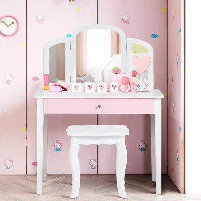 Costway Kids Vanity Set Princess Makeup Dressing Play Table Set W/Mirror White Pink 10 Costway Kids Vanity Set Princess Makeup Dressing Play Table Set W/Mirror White Pink - Image 8