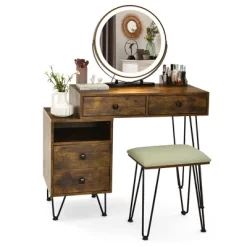 Costway Vanity Table Stool Set Dimmer LED Mirror Large Storage Cabinet Drawer Walnut BlackBrownWhite -Baxton Studio Store GUEST 12719076 f435 4a5a bd0c fa59709fe1e9