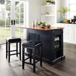 Coventry Drop Leaf Top Kitchen Island With Upholstered Square Stools Black - Crosley -Baxton Studio Store GUEST 12a83cc4 ba9b 4922 b5eb afa90d86e273
