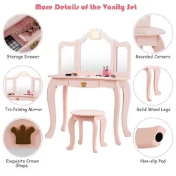 Costway Kids Makeup Dressing Table Chair Set Princess Vanity & Tri-folding Mirror -Baxton Studio Store GUEST 130bdd20 4433 4e9d 837b 7c08bdbe60c4