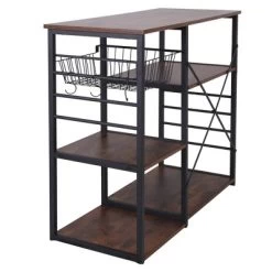 Wood And Metal Bakers Rack With 4 Shelves And Wire Basket Brown/Black - Benzara -Baxton Studio Store GUEST 138c4590 ba20 4879 86fe 3e614f8a6f0d