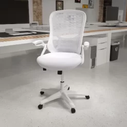 Emma And Oliver High Back White Mesh Ergonomic Office Chair With White Frame And Flip-up Arms