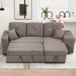 95" Pull Out Sleeper Sofa, Reversible L-Shape Sectional Couch With Storage Chaise And 2 Stools-ModernLuxe