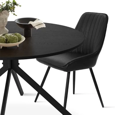 43'' Jones Solid Black Grain Round Dining Table With 4 Upholstered Faux Leather Tiny Armchairs With Metal Legs-The Pop Maison 4 43'' Jones Solid Black Grain Round Dining Table With 4 Upholstered Faux Leather Tiny Armchairs With Metal Legs-The Pop Maison - Image 2