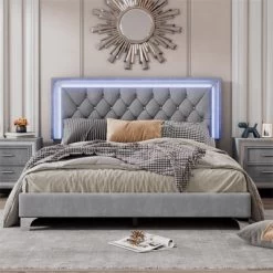 Queen Size Velvet Upholstered Platform Bed Frame With LED Lights And Tufted Headboard-ModernLuxe