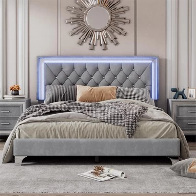 Queen Size Velvet Upholstered Platform Bed Frame With LED Lights And Tufted Headboard-ModernLuxe 3 Queen Size Velvet Upholstered Platform Bed Frame With LED Lights And Tufted Headboard-ModernLuxe