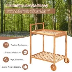 Costway 2-Tier Acacia Rolling Kitchen Trolley Cart Dining Serving Cart Outdoor W/ Wheels -Baxton Studio Store GUEST 2b0bd40f 7dcc 454d 9ca8 86d68d5a40ac