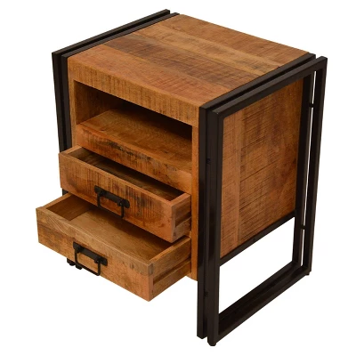 2 Drawer Wooden Farmhouse Side Table With Open Cubby And Iron Frame Brown/Black - The Urban Port 5 2 Drawer Wooden Farmhouse Side Table With Open Cubby And Iron Frame Brown/Black - The Urban Port - Image 3