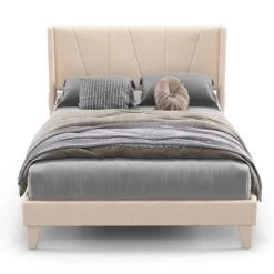 Costway Full/Queen Size Upholstered Bed Frame With Elastic Pockets Mattress Foundation Beige