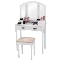 Tangkula Tri Folding Vanity Mirror Makeup Table Set W/4 Drawers & Stool White -Baxton Studio Store GUEST 2ebae3dc 24dd 4b74 86da 788ca9b1a02c