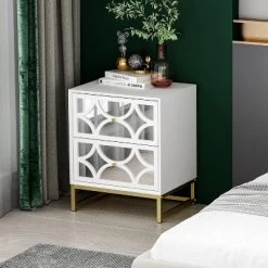 Averina 2 Drawers 45° Splicing White Mirror Front Nightstand With Storage -The Pop Home