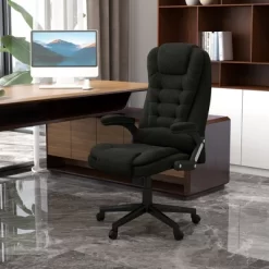 HOMCOM 6 Point Vibrating Massage Office Chair With Heat, Linen High Back Executive Office Chair With Reclining Backrest, Armrests