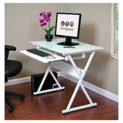 Ultramodern Glass Computer Desk, Pull-Out Keyboard, Steel Frame - OneSpace -Baxton Studio Store GUEST 329d77f0 ba31 4664 ab21 a59eae562681