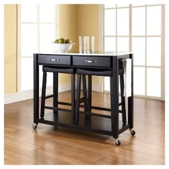 Stainless Steel Top Kitchen Cart/Island - Black With 24" Black Upholstered Saddle Stools - Crosley -Baxton Studio Store GUEST 349ec9ef c9cc 4e3e 82ce cc98247cfa7a