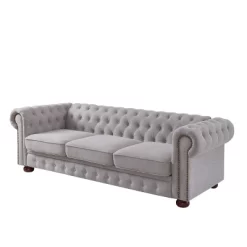 Chesterfield Linen Tufted Nailhead Upholstered Sofa With Wooden Legs - ModernLuxe -Baxton Studio Store GUEST 381301b7 38f9 4229 b089 39e80f32aeb2