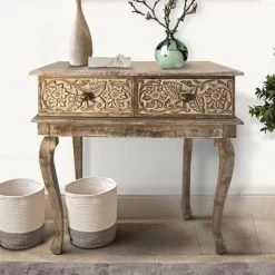 2 Drawer Mango Wood Console Table With Floral Carved Front Brown/White - The Urban Port -Baxton Studio Store GUEST 39076a1c 9ca1 46a5 b3ae 1121bd388f16