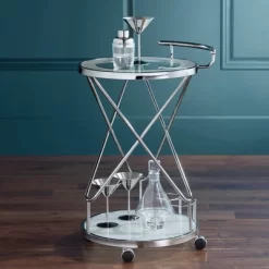 Studio 55D Page 29 1/2" High Glass And Chrome Rolling Serving Bar Cart