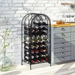 HOMCOM 35 Bottle Wrought Iron Wine Rack Cabinet With Lock, Black
