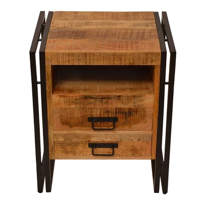 2 Drawer Wooden Farmhouse Side Table With Open Cubby And Iron Frame Brown/Black - The Urban Port 3 2 Drawer Wooden Farmhouse Side Table With Open Cubby And Iron Frame Brown/Black - The Urban Port