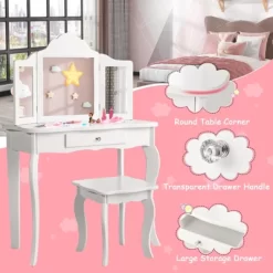 Costway Kid Vanity Table Set With Tri-folding Mirror 2-in-1 Makeup Dressing Table Stool Set -Baxton Studio Store GUEST 44c6ec54 5818 447e 87cf 8292b3ae420f