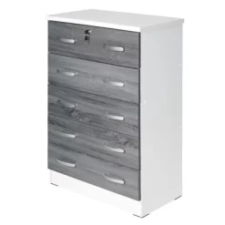 Better Home Products Cindy 5 Drawer Chest Wooden Dresser With Lock In White/Gray