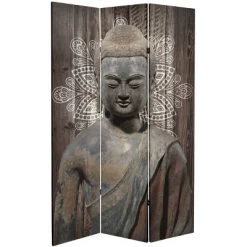 6" Double Sided Stone Buddha Canvas Room Divider Gray - Oriental Furniture