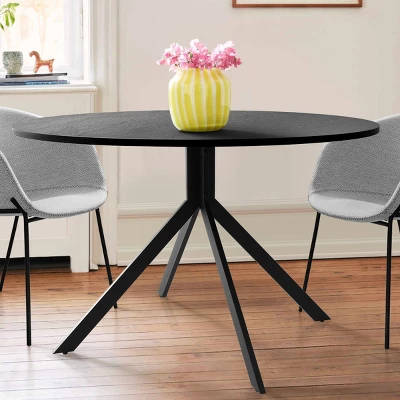 43'' Jones Solid Black Grain Round Dining Table With 4 Upholstered Faux Leather Tiny Armchairs With Metal Legs-The Pop Maison 5 43'' Jones Solid Black Grain Round Dining Table With 4 Upholstered Faux Leather Tiny Armchairs With Metal Legs-The Pop Maison - Image 3
