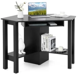 Costway Wooden Corner Desk With Drawer Computer PC Table Study Office Room Black -Baxton Studio Store GUEST 64f4b61f 408d 4871 8f33 7bc97eba18d8