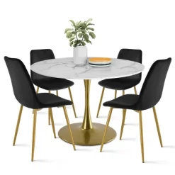 Harris+Bingo 5-Piece Round-Shaped Artificial Marble Dining Table Set With 4 Velvet Upholstered Chairs Gold Legs -Maison Boucle