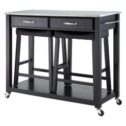 Stainless Steel Top Kitchen Cart/Island - Black With 24" Black Upholstered Saddle Stools - Crosley