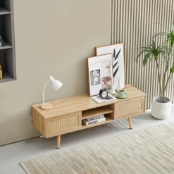 Rattan TV Stand, Entertainment Center With Sliding Doors, TV Console Cabinet With Adjustable Shelf, Natural-ModernLuxe