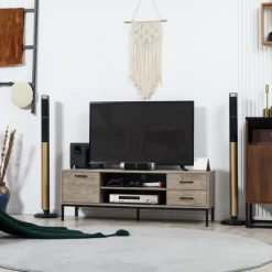 HOMCOM TV Stand For TV Up To 50 Inches, Entertainment Center With Door, Open Storage And Drawers, TV Table With Steel Legs, Gray