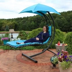 Sunnydaze Decor Sunnydaze Outdoor Hanging Chaise Floating Lounge Chair With Canopy Umbrella And Arc Stand -Baxton Studio Store GUEST 941bf885 6d36 41d1 83bb 3dc886461109