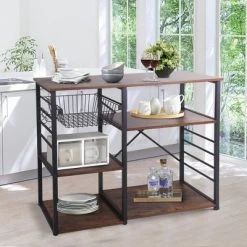 Wood And Metal Bakers Rack With 4 Shelves And Wire Basket Brown/Black - Benzara -Baxton Studio Store GUEST 95eb2ce4 d59f 45a6 85a9 d9cb36f56ba4