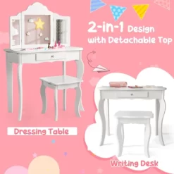 Costway Kid Vanity Table Set With Tri-folding Mirror 2-in-1 Makeup Dressing Table Stool Set -Baxton Studio Store GUEST 982c03c6 0f40 401f a5cf cb878139b730