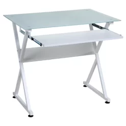 Ultramodern Glass Computer Desk, Pull-Out Keyboard, Steel Frame - OneSpace