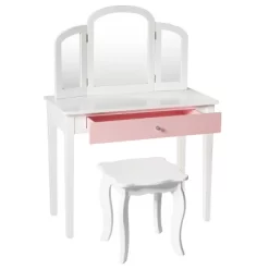 Costway Kids Vanity Set Princess Makeup Dressing Play Table Set W/Mirror White Pink