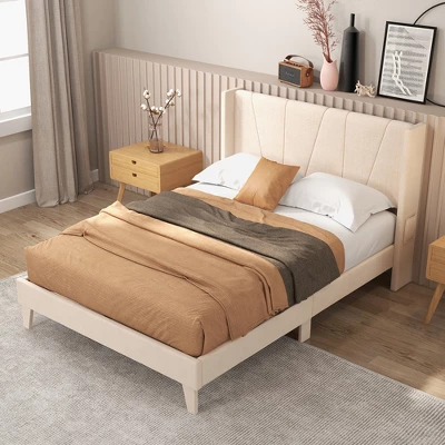 Costway Full/Queen Size Upholstered Bed Frame With Elastic Pockets Mattress Foundation Beige 12 Costway Full/Queen Size Upholstered Bed Frame With Elastic Pockets Mattress Foundation Beige - Image 10