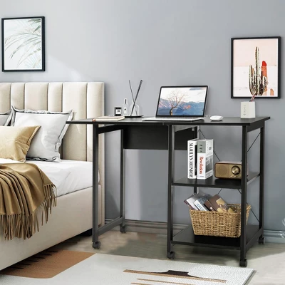 Costway Rolling Computer Desk Folding Writing Office Desk Storage Shelves Black 6 Costway Rolling Computer Desk Folding Writing Office Desk Storage Shelves Black - Image 4