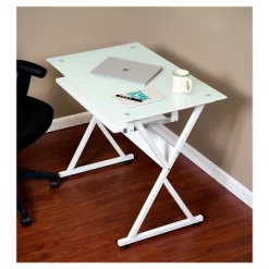 Ultramodern Glass Computer Desk, Pull-Out Keyboard, Steel Frame - OneSpace -Baxton Studio Store GUEST b9f58e97 6c75 4efd 83cb f66fc460f4a2