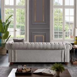 Chesterfield Linen Tufted Nailhead Upholstered Sofa With Wooden Legs - ModernLuxe -Baxton Studio Store GUEST ba4c2d16 7c99 44d9 bf56 0189e38be2a7