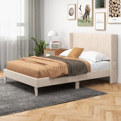 Costway Full/Queen Size Upholstered Bed Frame With Elastic Pockets Mattress Foundation Beige 6 Costway Full/Queen Size Upholstered Bed Frame With Elastic Pockets Mattress Foundation Beige - Image 4