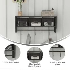 Emma And Oliver Rustic Country Wall Mounted Shelf With 5 Adjustable Sliding Hooks And Three Wire Storage Baskets -Baxton Studio Store GUEST bc3f8ae2 be25 4834 ab5b bb746a74dc15