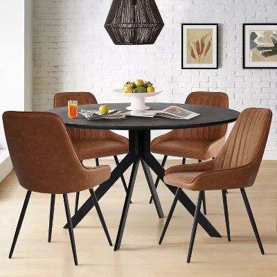 43'' Jones Solid Black Grain Round Dining Table With 4 Upholstered Faux Leather Tiny Armchairs With Metal Legs-The Pop Maison 10 43'' Jones Solid Black Grain Round Dining Table With 4 Upholstered Faux Leather Tiny Armchairs With Metal Legs-The Pop Maison - Image 8