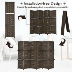 Costway 6 Panel Folding Room Divider 6Ft Weave Fiber Screen W/ 2 Display Shelves -Baxton Studio Store GUEST bd39527d bb95 4654 8df0 fdfe7a96089e