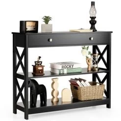 Costway 3-Tier Console Table X-Design Sofa Entryway Table With Drawer & Shelves Gray Espresso -Baxton Studio Store GUEST bf2cc0ba 199b 4be8 9ab5 5665739321d7