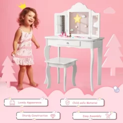 Costway Kid Vanity Table Set With Tri-folding Mirror 2-in-1 Makeup Dressing Table Stool Set -Baxton Studio Store GUEST c2e6d157 12d8 46bf a087 e12bd4a6a077